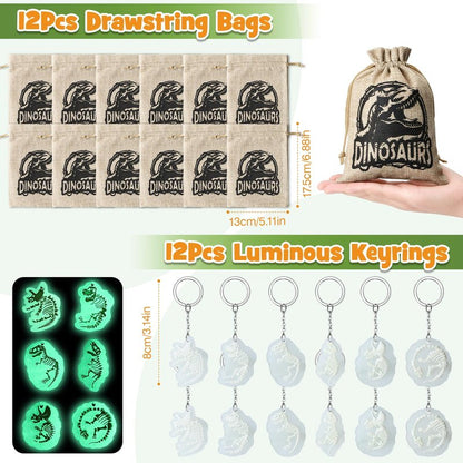 SNLN 12 Sets Dinosaur Party Favors for Kids Birthday, Magnifying Glasses Luminous Keyring Dino Egg Sticker Dino Party Supplies with Skeleton Toy Silicone Bracelet Gift Bag Dino Theme Stuffer Fillers