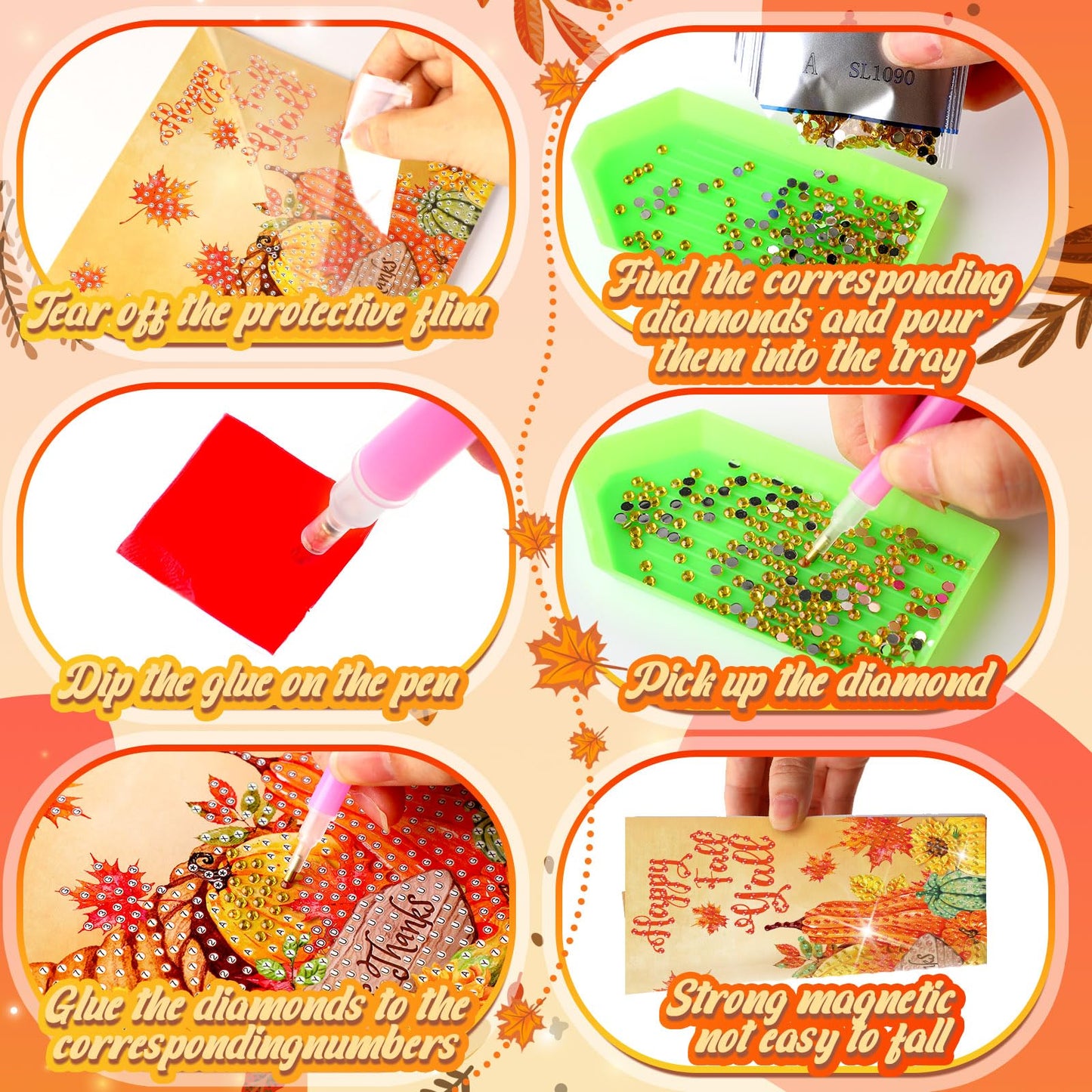 Saillong 12 Pack Thanksgiving Diamond Painting Greeting Card Kits DIY Fall Diamond Art Cards with Envelopes Pumpkin Turkey 5D Rhinestones Paint Card for Adults DIY Crafts Family Friend Birthday Gifts
