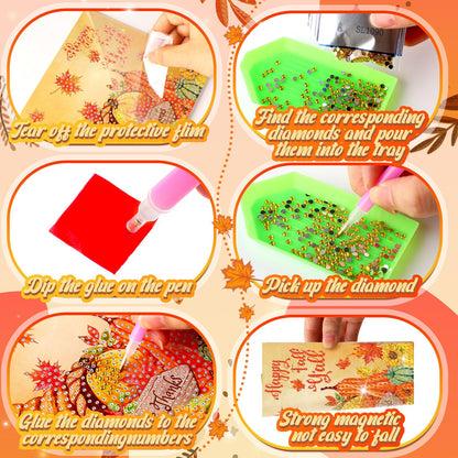Saillong 12 Pack Thanksgiving Diamond Painting Greeting Card Kits DIY Fall Diamond Art Cards with Envelopes Pumpkin Turkey 5D Rhinestones Paint Card for Adults DIY Crafts Family Friend Birthday Gifts