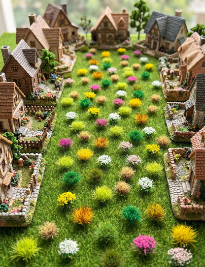 HFKPJRT 140 Pcs Static Grass Tufts & Miniature Flowers Cluster for Crafts, Diorama Supplies & Terrain Model Kit, Artificial Model Grass for Fairy Garden Accessories, Train Railroad Scenery