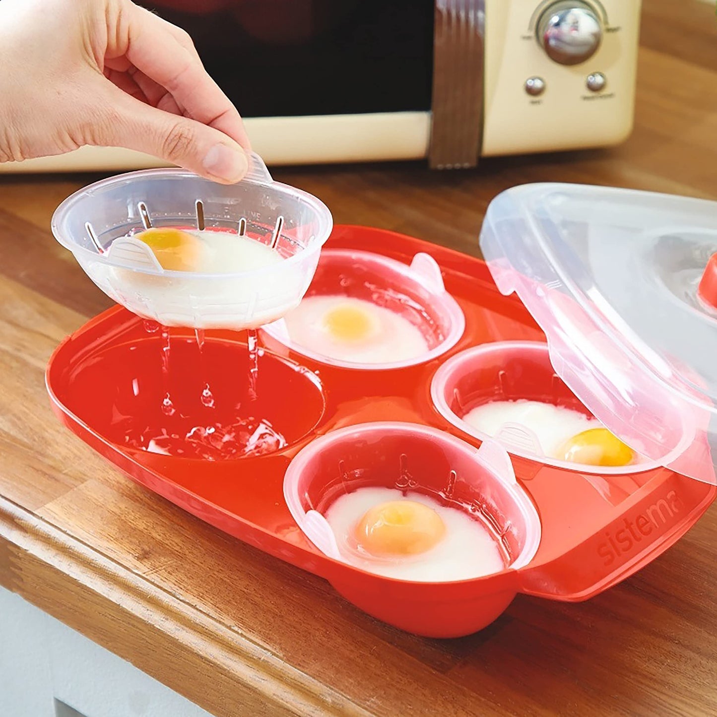 Sistema Microwave Poacher for up to 4 Eggs, Red/Clear, 28.7 x 20.5 x 8.4 cm