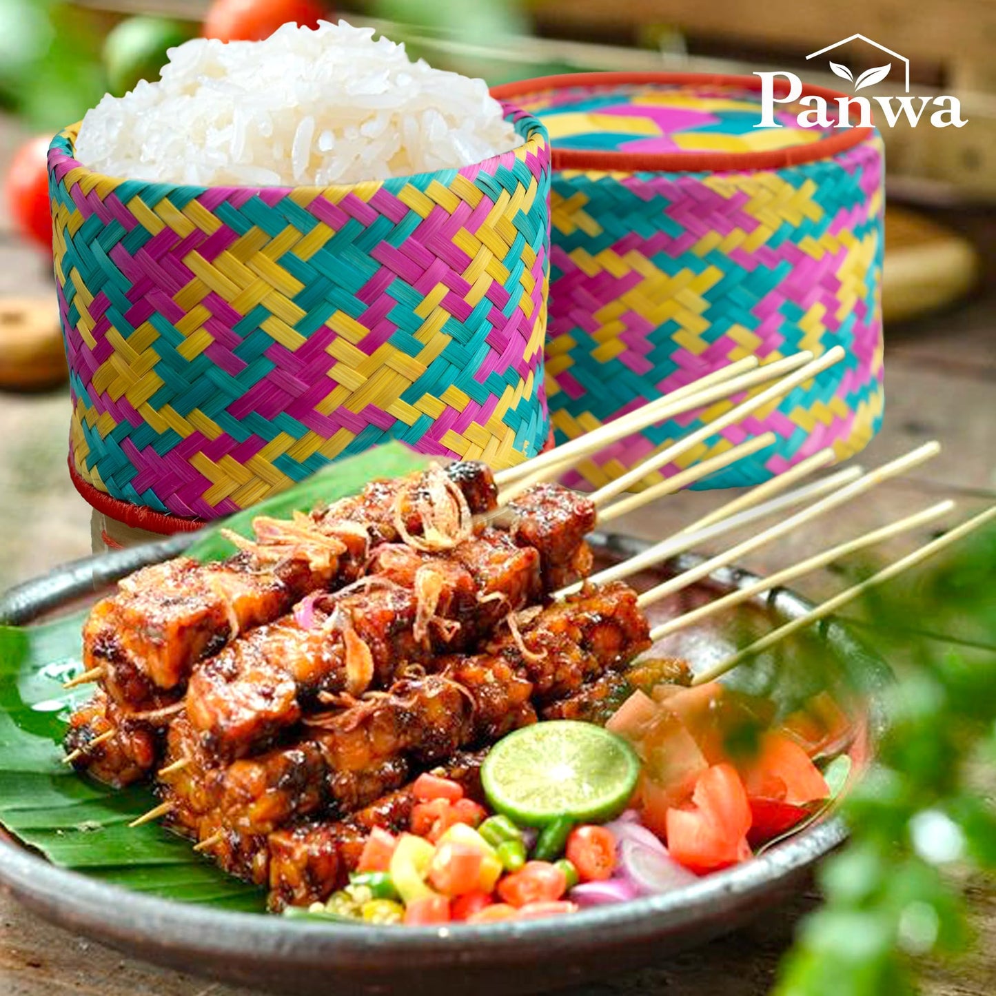 Panwa Mini Bamboo Sticky Rice Serving Basket Set – 4-Piece 4" Diameter Thai Wicker Kratip, Handmade Bamboo Sticky Rice Container, Food Safe for Authentic Thai Cuisine