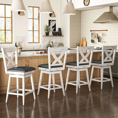 Callales Swivel Bar Stools Set of 4, Farmhouse 24" Counter Height Barstools with X Carved Backs, Wooden Bar Chair with Solid Wood Legs & Footrest for Kitchen Island, Home Bar, Pub. Antique White