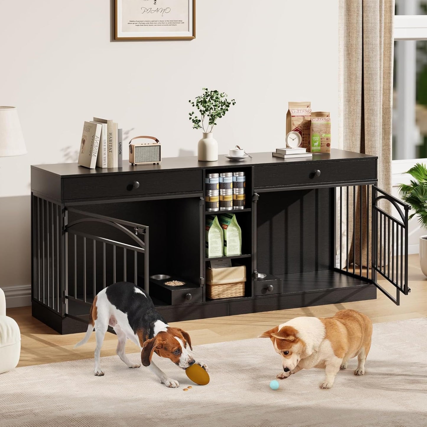 GAOMON Dog Crate Furniture for 2 Dogs, 78.7'' Large Dog Kennel Indoor with 2 Storage Drawers, 3 Shelves and Feeding Bowls, Double Dog Crate TV Stand for Small and Medium Dogs, Black