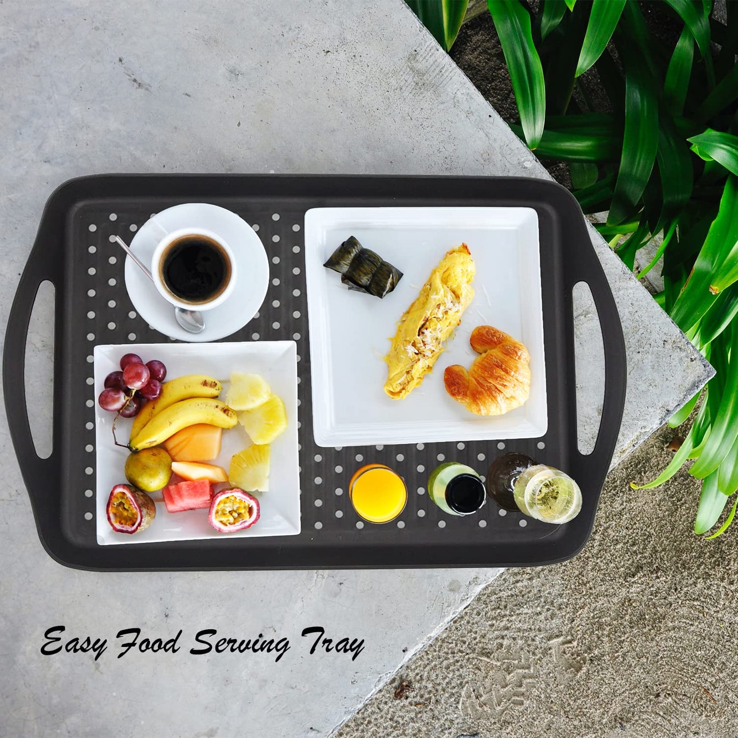 ECOIOU Non Slip Food Serving Tray with Handles, 2-Pack Rectangle Anti-Slip Non-Toxic Dishwasher Safe Tray for Snack Fruit Dessert Breakfast Drink,Black