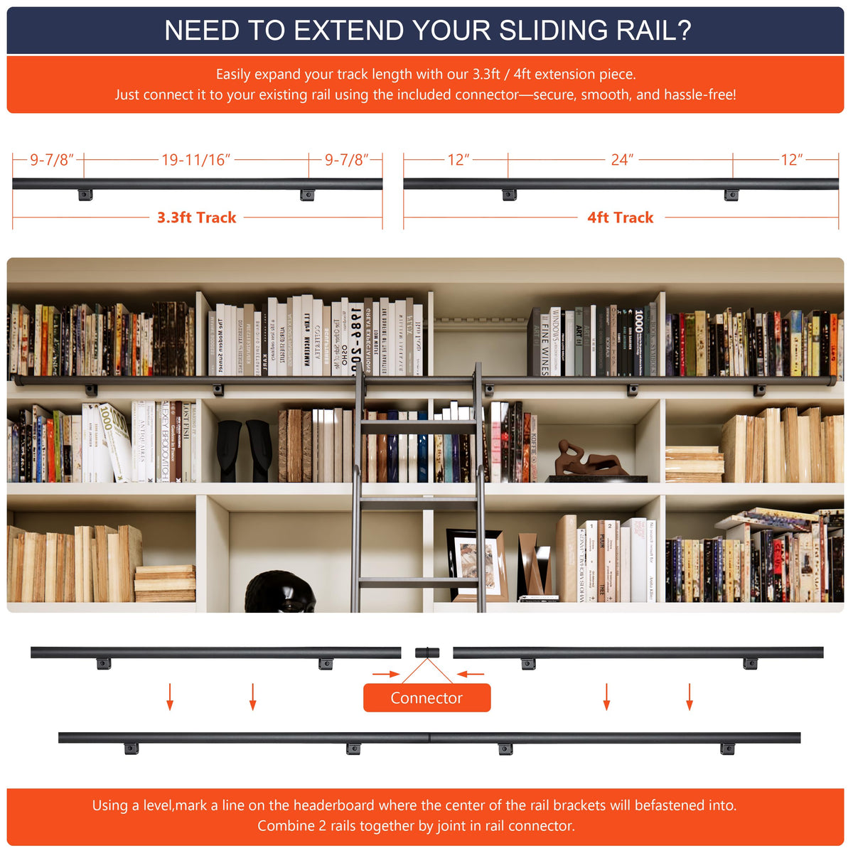 HARDJULAN 87" Telescopic Sliding Library Ladder with Handrail – Lightweight Aluminum Rolling Ladder with Braking Wheels, 3.3FT Hook Ladder Track Kit for Home, Loft, and Bookshelves