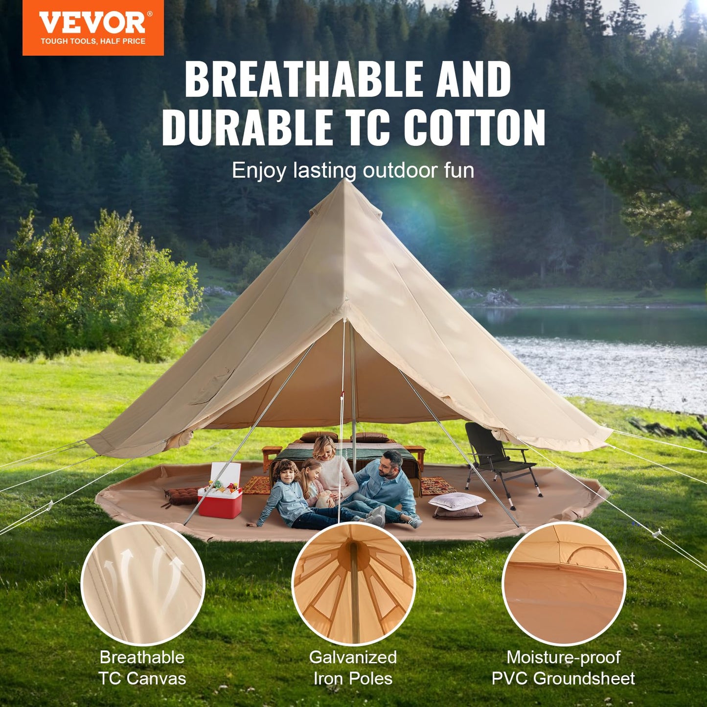 VEVOR Canvas Tent Bell Tent, 4 Seasons 4 m/13.12 ft, for Camping with Stove Jack, Family Camping Outdoor Hunting Party