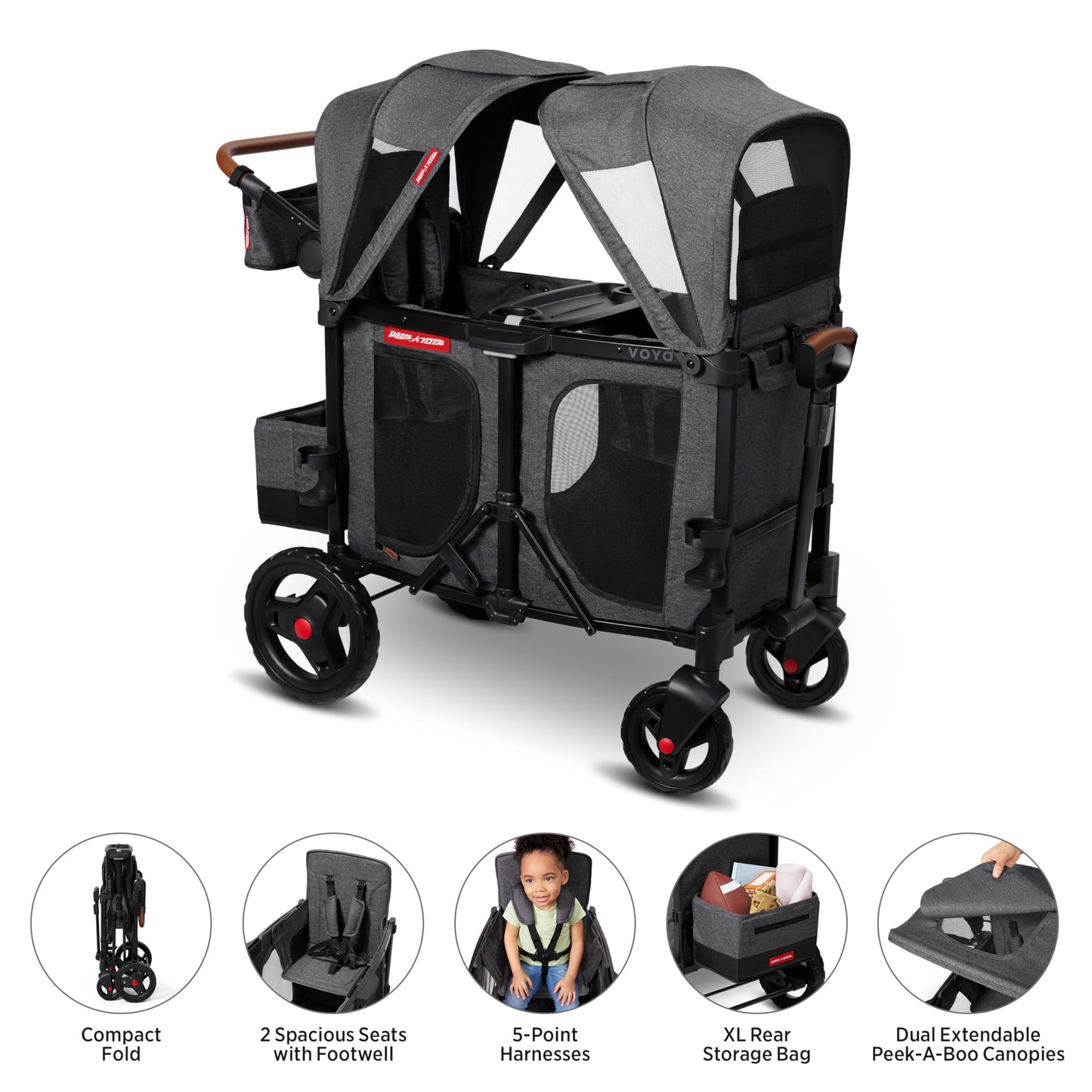 Radio Flyer Voya Stroller Wagon, for Ages 6+ Months, Extra Tall Sides, Push or Pull, 2 Seats, Dual Sun Canopies, Compact Fold, Lightweight, Storage Space, 5-Point Harnesses, Stroller Wagon for Kids