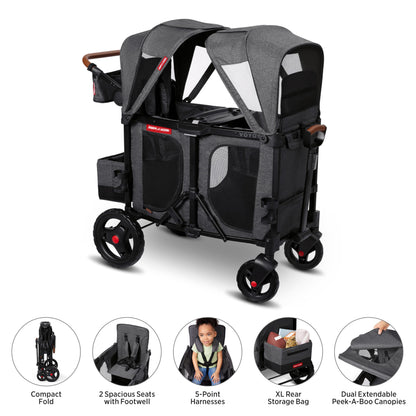Radio Flyer Voya Stroller Wagon, for Ages 6+ Months, Extra Tall Sides, Push or Pull, 2 Seats, Dual Sun Canopies, Compact Fold, Lightweight, Storage Space, 5-Point Harnesses, Stroller Wagon for Kids
