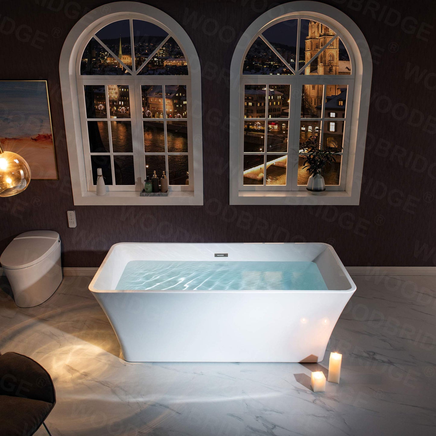 WOODBRIDGE 67" Acrylic Freestanding Bathtub Contemporary Soaking White Tub with Brushed Nickel Overflow and Drain，BTS1609 -B/N-Drain &O
