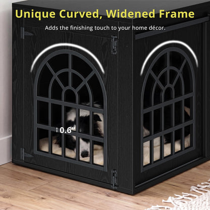 IRONCK 90.2" Double Room Dog Crate Furniture with Sliding Doors– Heavy Duty Wooden Dog Kennel with Hinged Divider, TV Stand & End Table for Large to Medium Dogs, Black