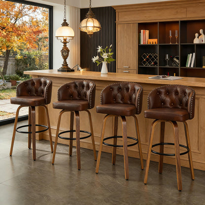 Dorlicecass 26" H Counter Height Bar Stools Set of 4，360°Swivel Bar Stools with Back,Seat Height Upholstered Counter Stools with Wood Legs and Footrest，Leather Farmhouse（Brown）