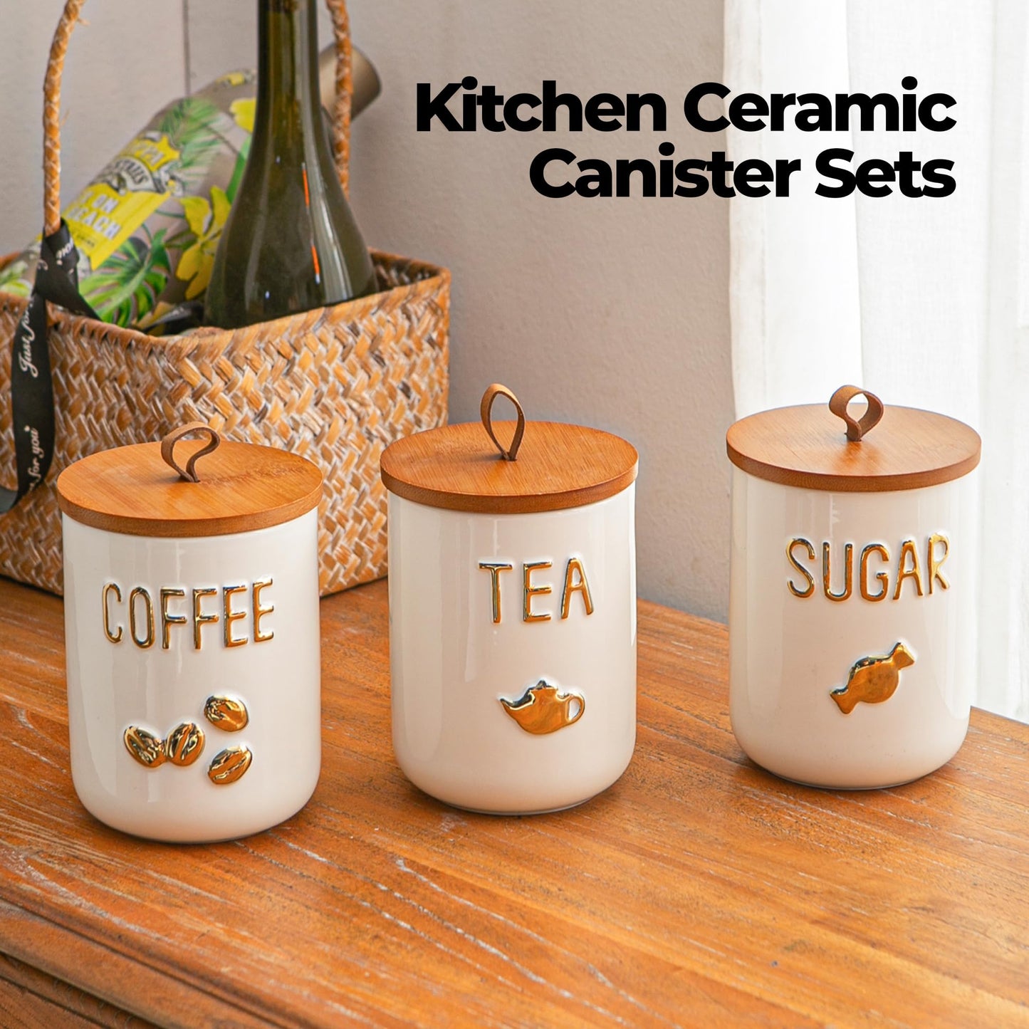 Sowlvenco White Ceramic Canister Set for Coffee Tea Sugar, 3-Piece Food Storage Jars with Wood Airtight Lids, Decorative Small Container for Kitchen Pantry Counter - 25oz