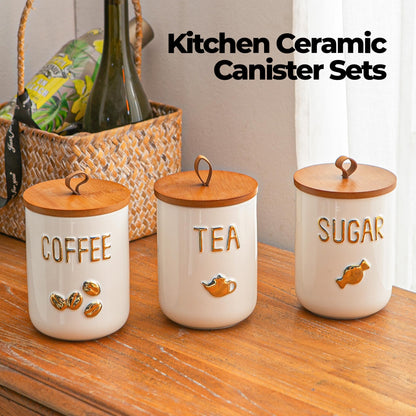 Sowlvenco White Ceramic Canister Set for Coffee Tea Sugar, 3-Piece Food Storage Jars with Wood Airtight Lids, Decorative Small Container for Kitchen Pantry Counter - 25oz