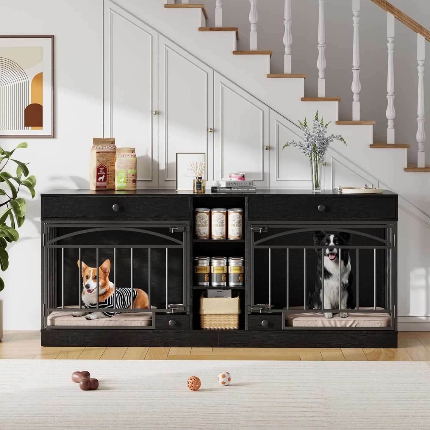 GAOMON Dog Crate Furniture for 2 Dogs, 78.7'' Large Dog Kennel Indoor with 2 Storage Drawers, 3 Shelves and Feeding Bowls, Double Dog Crate TV Stand for Small and Medium Dogs, Black