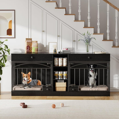 GAOMON Dog Crate Furniture for 2 Dogs, 78.7'' Large Dog Kennel Indoor with 2 Storage Drawers, 3 Shelves and Feeding Bowls, Double Dog Crate TV Stand for Small and Medium Dogs, Black
