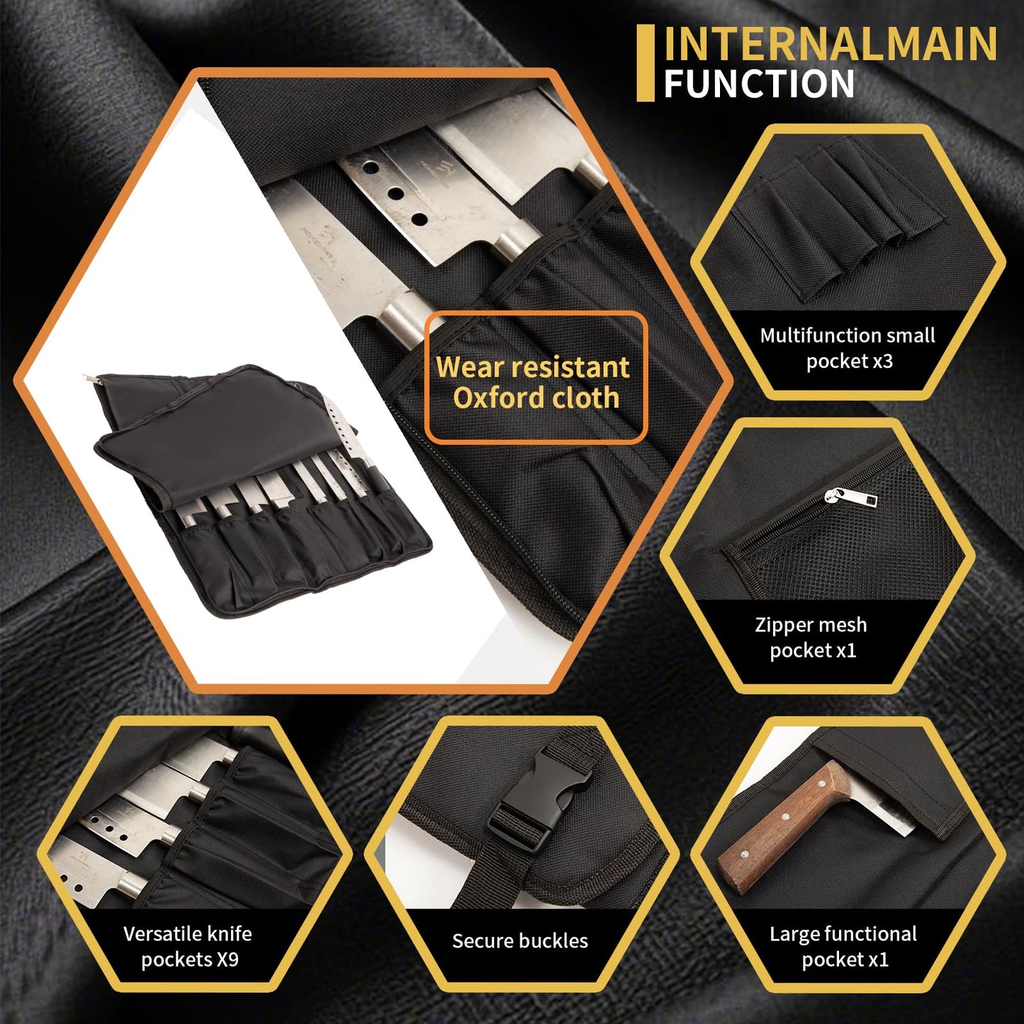 Chef Knife Roll Bag, Oxford Cloth knife bags for chefs professional, Portable 15 Slots chef bag With Zipper Close, With Adjustable Shoulder Strap knife carrying case Hold Home Kitchen Knife Tools