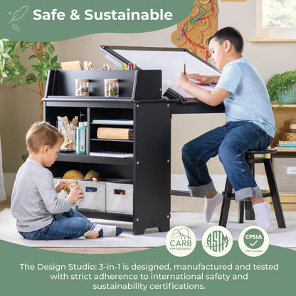 Guidecraft Design Studio – Black: 3-in-1 Kids Art Table & Stool Set, Writing, Crafting, Painting & Drafting Table for Kids with Craft Storage & Bins, Art Easel with Paper Roll, Toddler Activity Desk