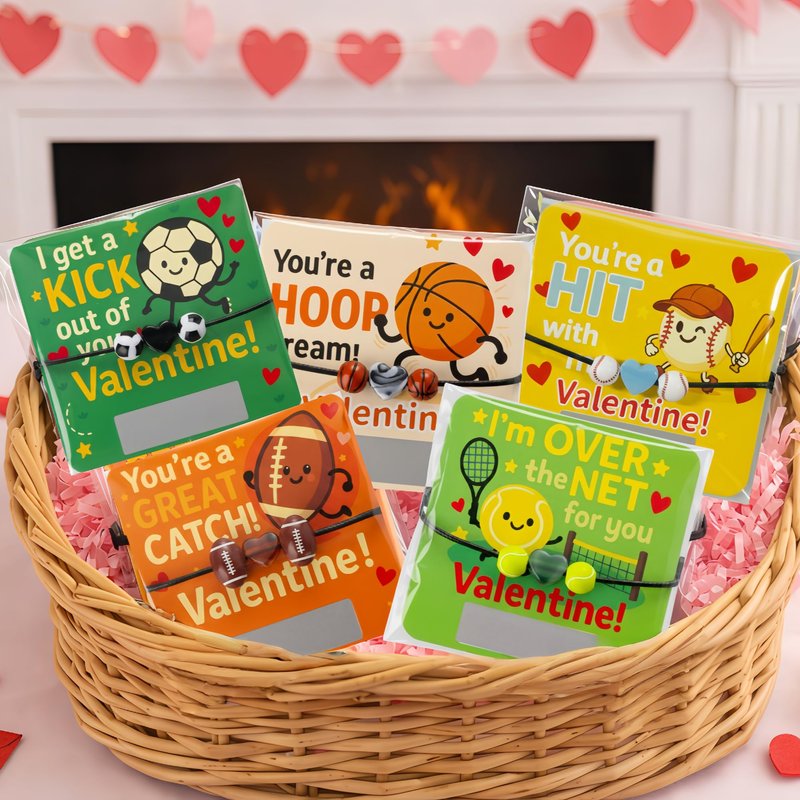 YXILEE Valentine’s Day Gifts for Teens – 30 Pack Sports Valentine Cards with Charm Bracelets & Scratch-Off Notes, Bulk Valentine Exchange Gifts (Football, Soccer, Basketball, Baseball, Tennis)