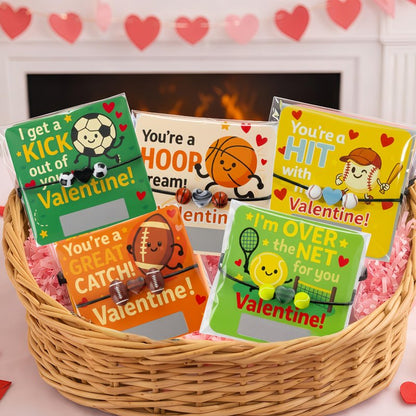 YXILEE Valentine’s Day Gifts for Teens – 30 Pack Sports Valentine Cards with Charm Bracelets & Scratch-Off Notes, Bulk Valentine Exchange Gifts (Football, Soccer, Basketball, Baseball, Tennis)