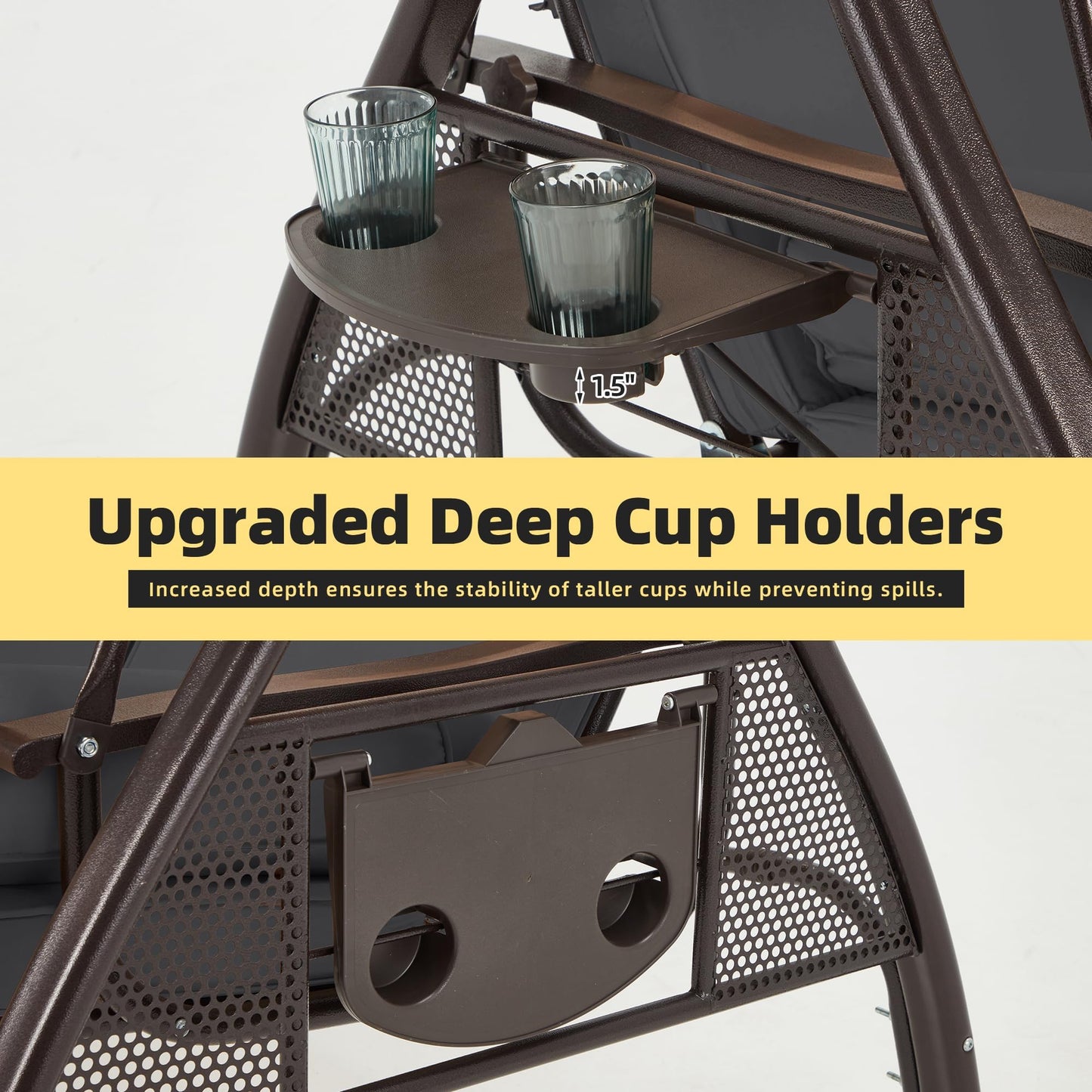 HOMREST 3 Person Outdoor Porch Swing with 1.5" Upgraded Cup Holder, Adjustable Canopy, Backrest, Patio Swing Bed with Weather Resistant Steel Frame, Cushions for Garden,Deck and Poolside(Gray)