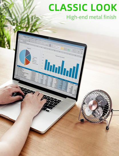 xasla 4 Inch Small USB Desk Fan, Mini Quiet Fan with Metal Construction, Strong Airflow, 360° Adjustable Tilt Angle