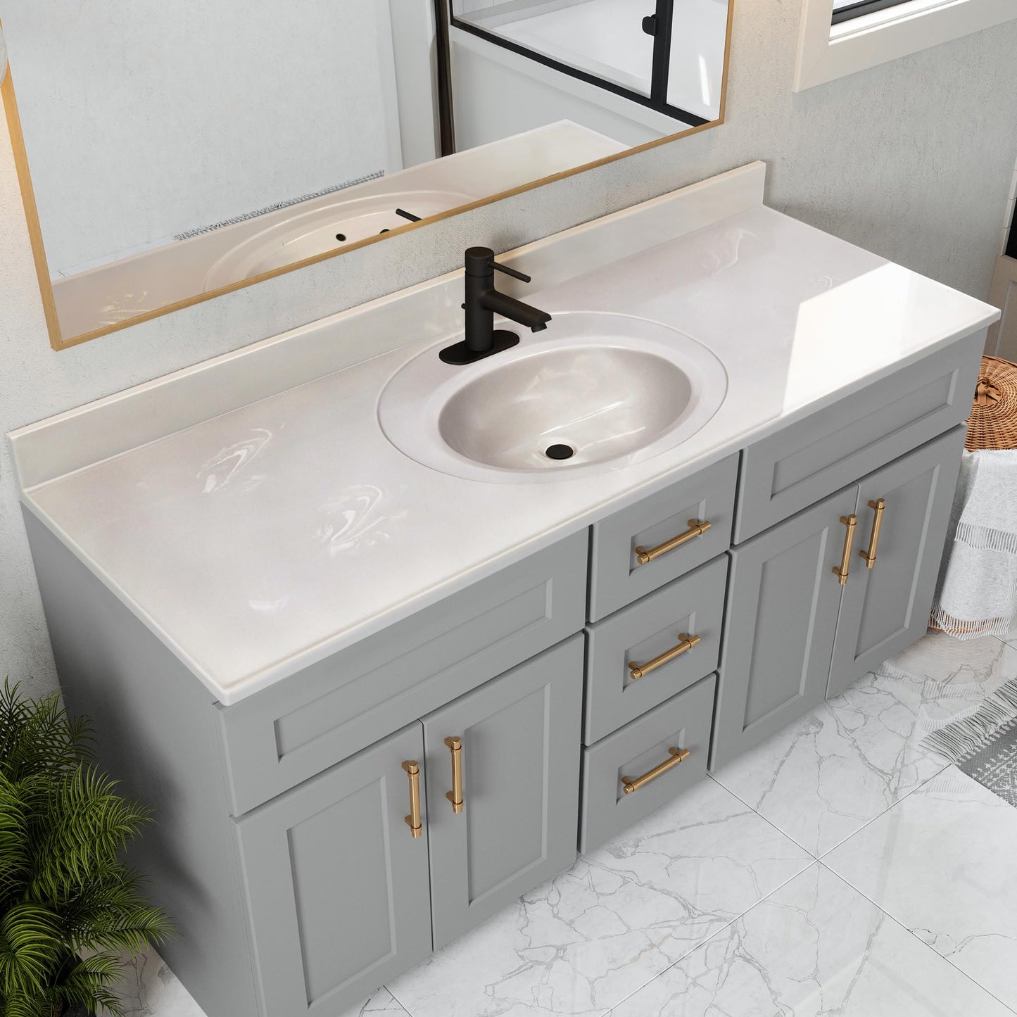 Design House Cultured Marble Vanity Top, 61 in W x 22 in D, Integrated 4 in Centerset Oval Sink & Backsplash, Ivory Swirl, 597419