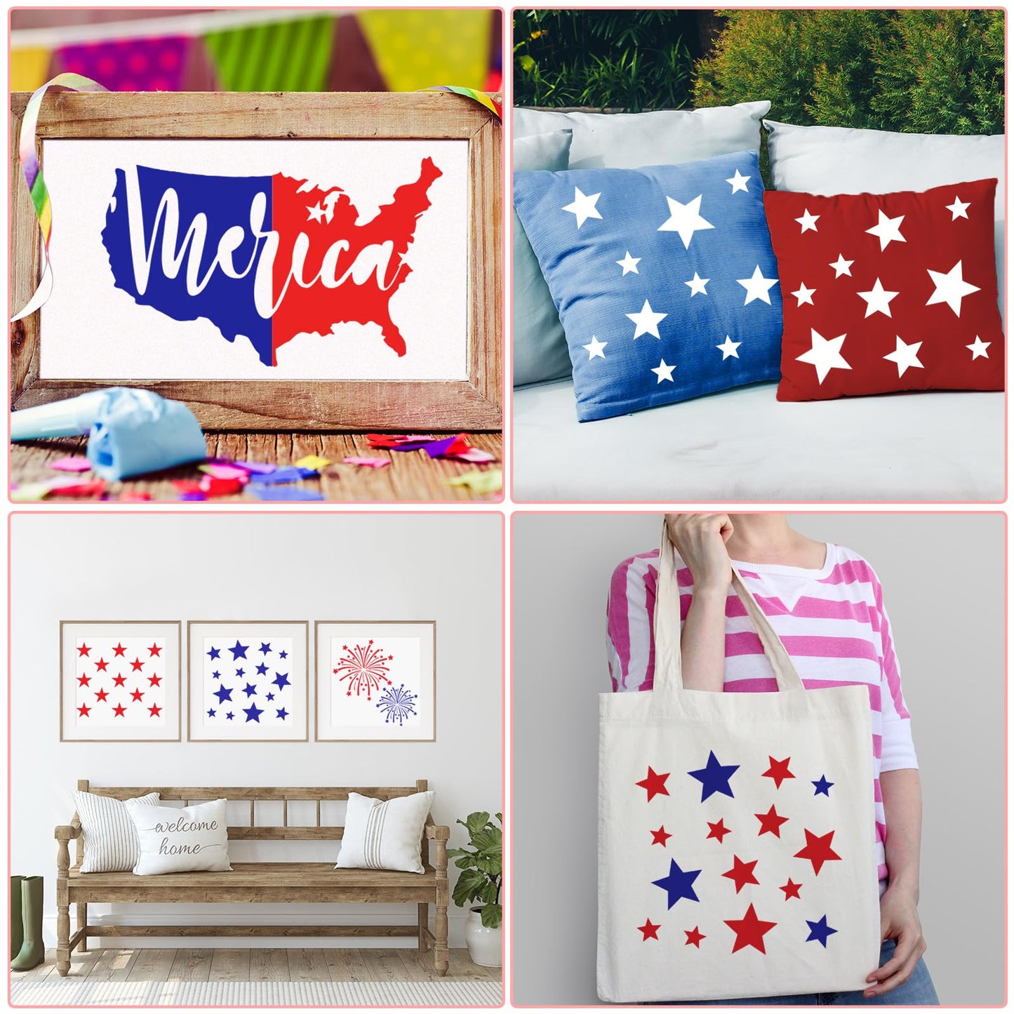 Frienda 9 Pcs 4th of July Stencils for Door Mats Reusable Welcome Templates Large Stencils for Drawing DIY Painting on Wood Floor Doormat Crafts (Various Sizes)
