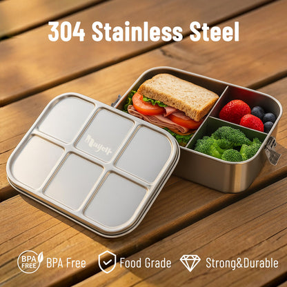 NAYELF Bento Box for Kids, 1.5L/50oz Stainless Steel Snack Containers with 3 Compartments, Lockable Clip Kids Lunch Box, Eco-Friendly, Leak-proof, Dishwasher-Safe for Home, School, Travel