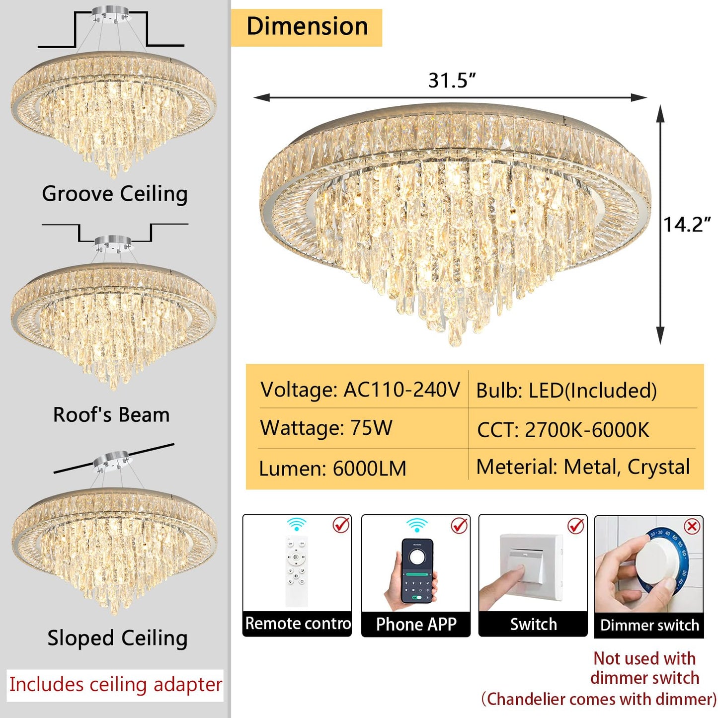 dolria Modern Chandeliers for Living Room Crystal Ceiling Light Fixture LED Dimmable Lamp with Remote Pendant Lighting Flush Mount Ceiling Lighting for Dining Room Bedrooms