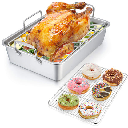 P&P CHEF 14" Roaster Roasting Pan with Baking Rack and V-shaped Rack, Stainless Steel Rectangular Lasagna Pan with Handles for Turkey Chicken, Healthy & Dishwasher Safe, 3 Pieces, Silver