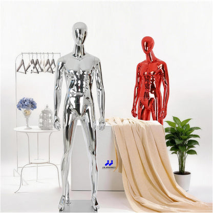 Full Body Male Mannequin with Chrome Metallic Finish, Fiberglass Abstract Dress Form with Posable Head, Futuristic Retail Display Dummy with Metal Base for Men's Fashion Window(Chrome Gold)