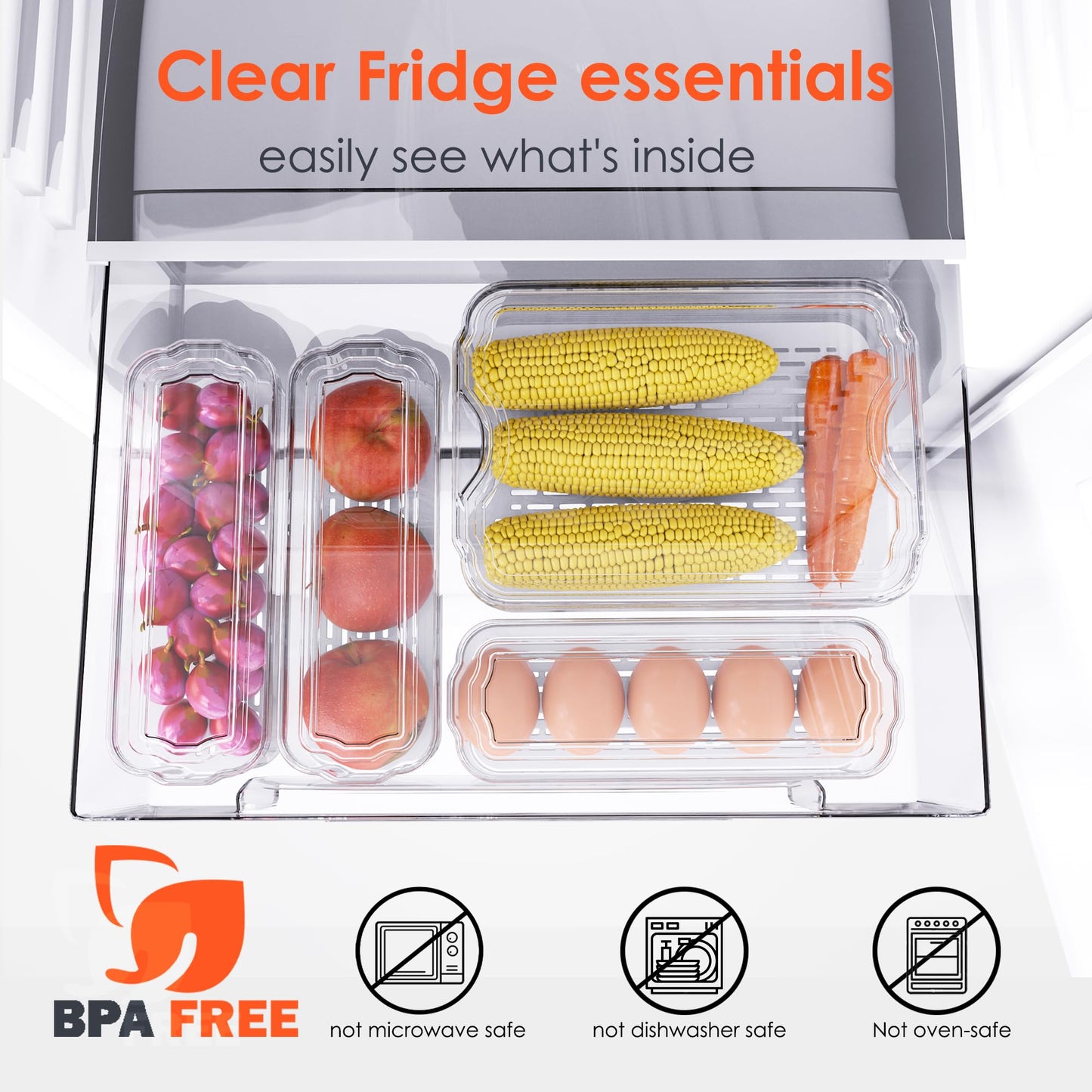 SMRCAD Fridge Organizers and Storage, 6 Pack Clear Freezer Organizer Bins with Lids for Kitchen, Pantry, Refrigerator, Food, Fruit, Vegetable Storage