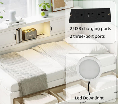 Merax Full Size Corner Bed Frames with Storage Drawers, Bookcase, Charging Station, Led Downlight, Wooden L-Shaped Captain Daybed Platform for Small Room, Bedroom, Guest Room, Kids'Room, White