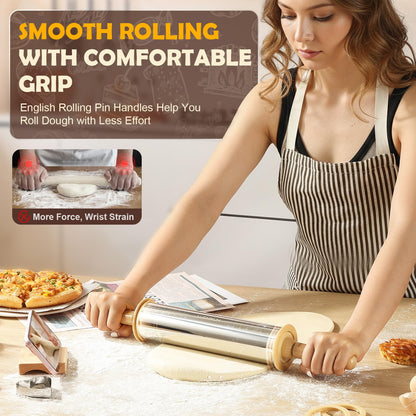 LUSHYUM Adjustable Rolling Pin with Thickness Rings 304 Stainless Steel Dough Roller with Dual-Purpose Stand Detachable Handles for Pizza Cookies Fondant Non Stick Metal Kitchen Tool Gift for Bakers