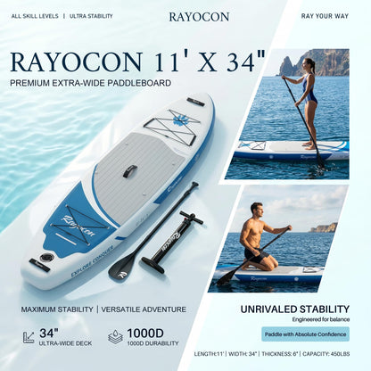 Inflatable Stand Up Paddle Board 11'×34" Extra Wide SUP, Ultra-Stable for Adults & Dog, 450lbs, Dual Chamber Pump, Fiberglass Paddle, Military Grade Dual Layer, Wild Bear Claw Polar Design Blue