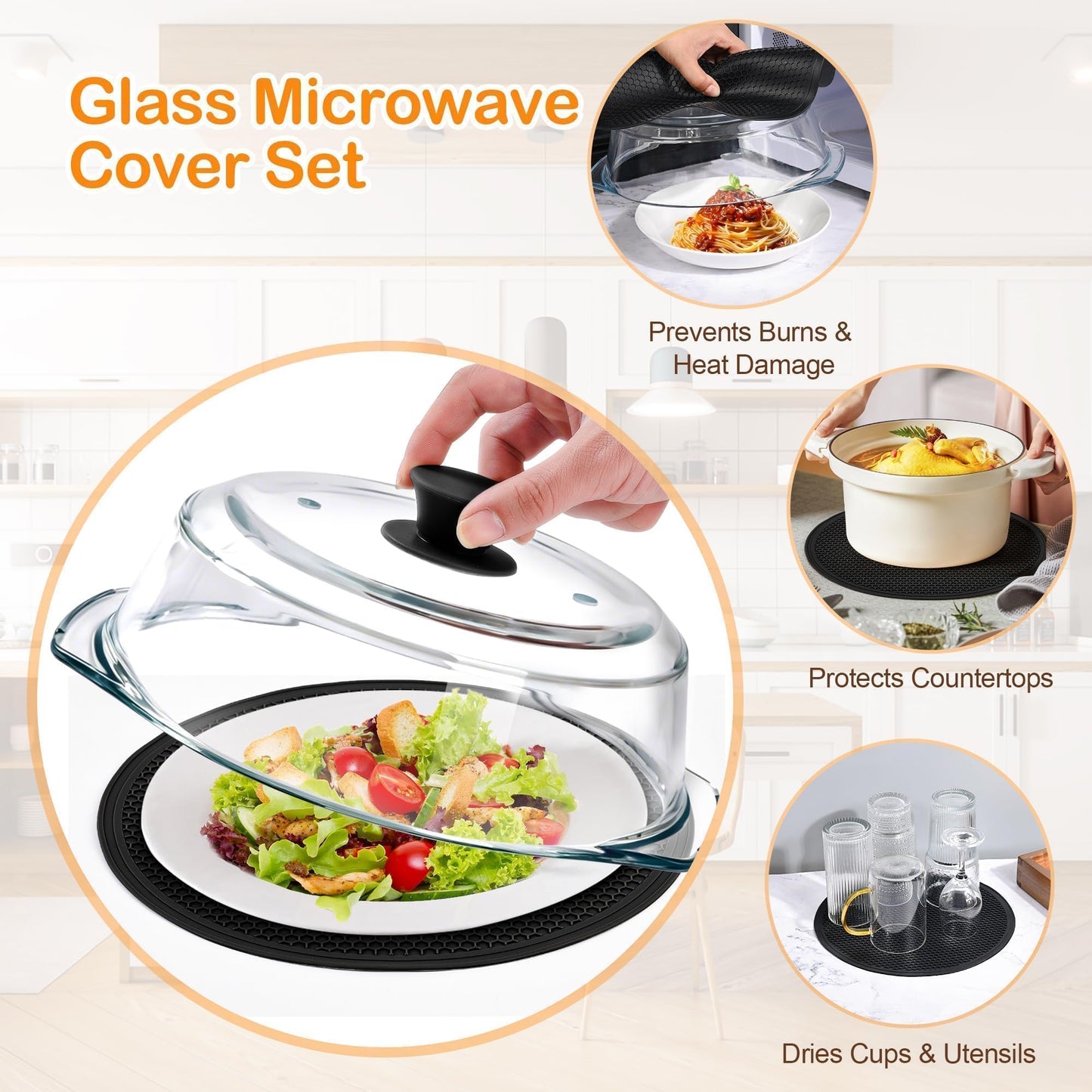 Glass Microwave Splatter Cover for Food with Microwave Place Mat - Sturdy Plate Guard Lid with Vent Holes and Easy-Grip Silicone Handle - BPA Free, Dishwasher Safe (Black)