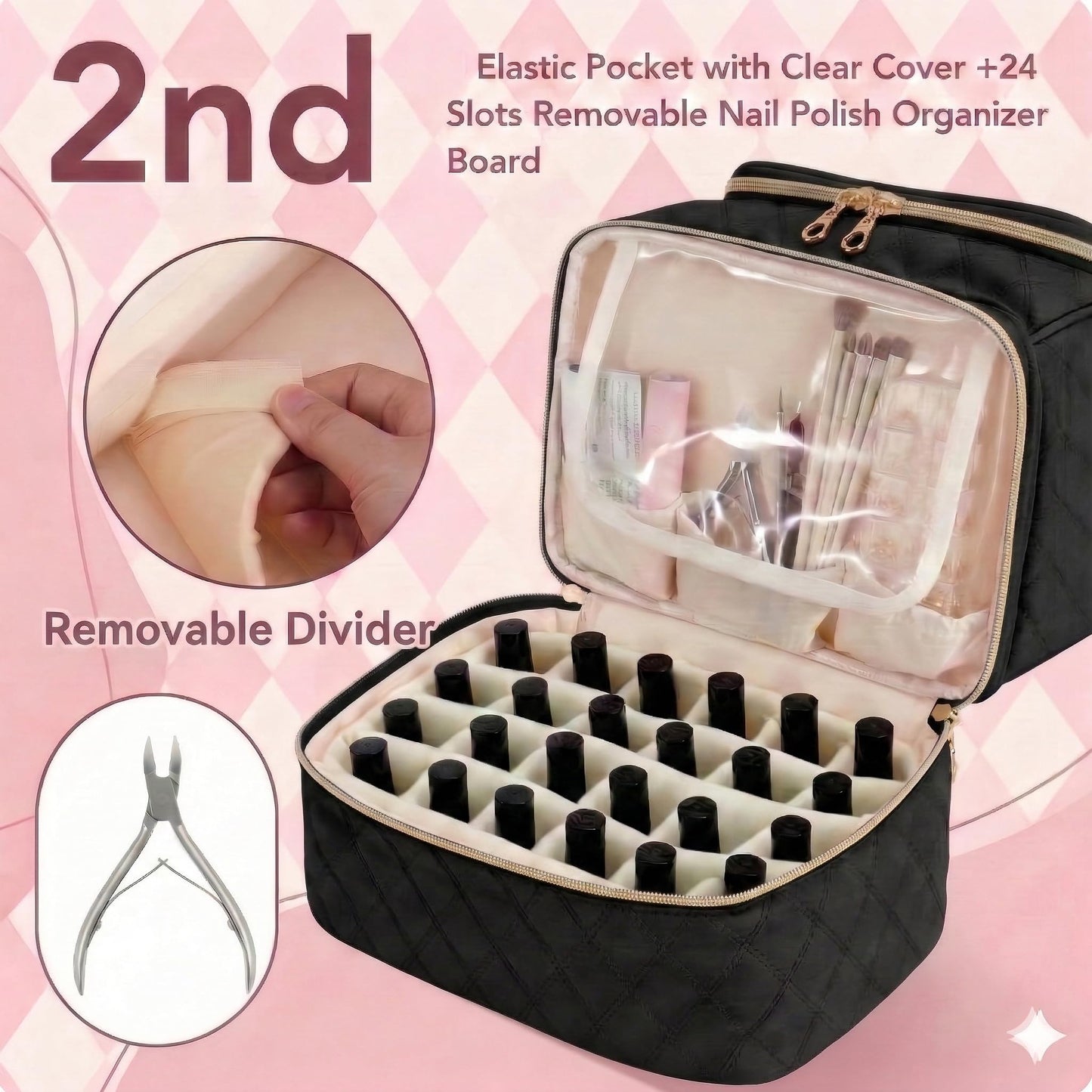 BAGCRAZY Nail Polish Organizer Case, Double Layer Nail Supplies Storage Bag holds 24 Bottles & UV/LED Lamp, Quilted Portable Manicure Travel Case with 8 Pcs Tools, for Nail Tech, Home & Salon, Black