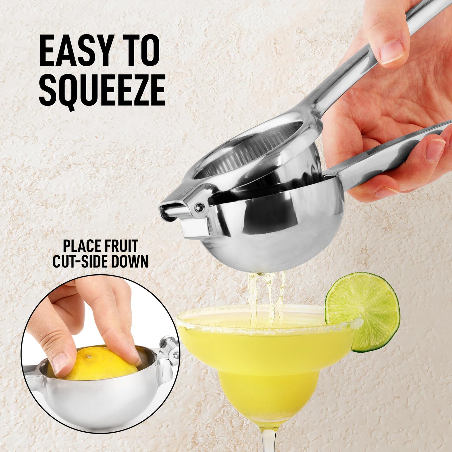 Zulay Lemon Squeezer Stainless Steel with Premium Heavy Duty Solid Metal Squeezer Bowl (Black Grip, Large)