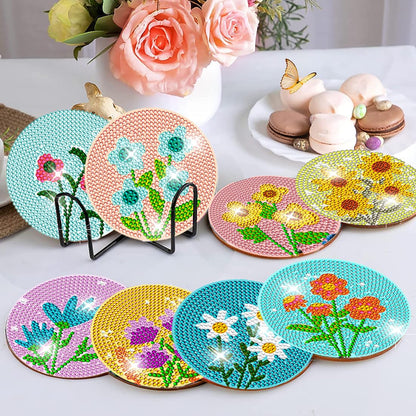 DOTZSO 8 Pcs Diamond Art Coasters Kit with Holder, Diamond Art Kits for Adults Beginners Small Diamond Painting Coasters, Arts and Crafts for Adults Supplies Item Sets (Flower)