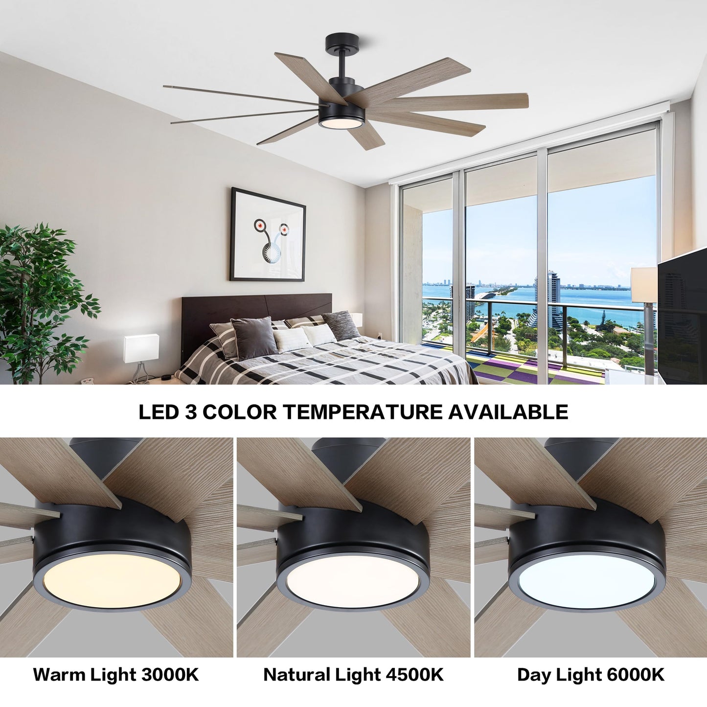 WINGBO 60" Large DC Ceiling Fans with Lights and Remote, 3 Downrods, 8 Plywood Blades, 6-Speeds Reversible DC Motor, 3CCT, Indoor Ceiling Fan for Bedroom Living Room Patio, Black and Gray