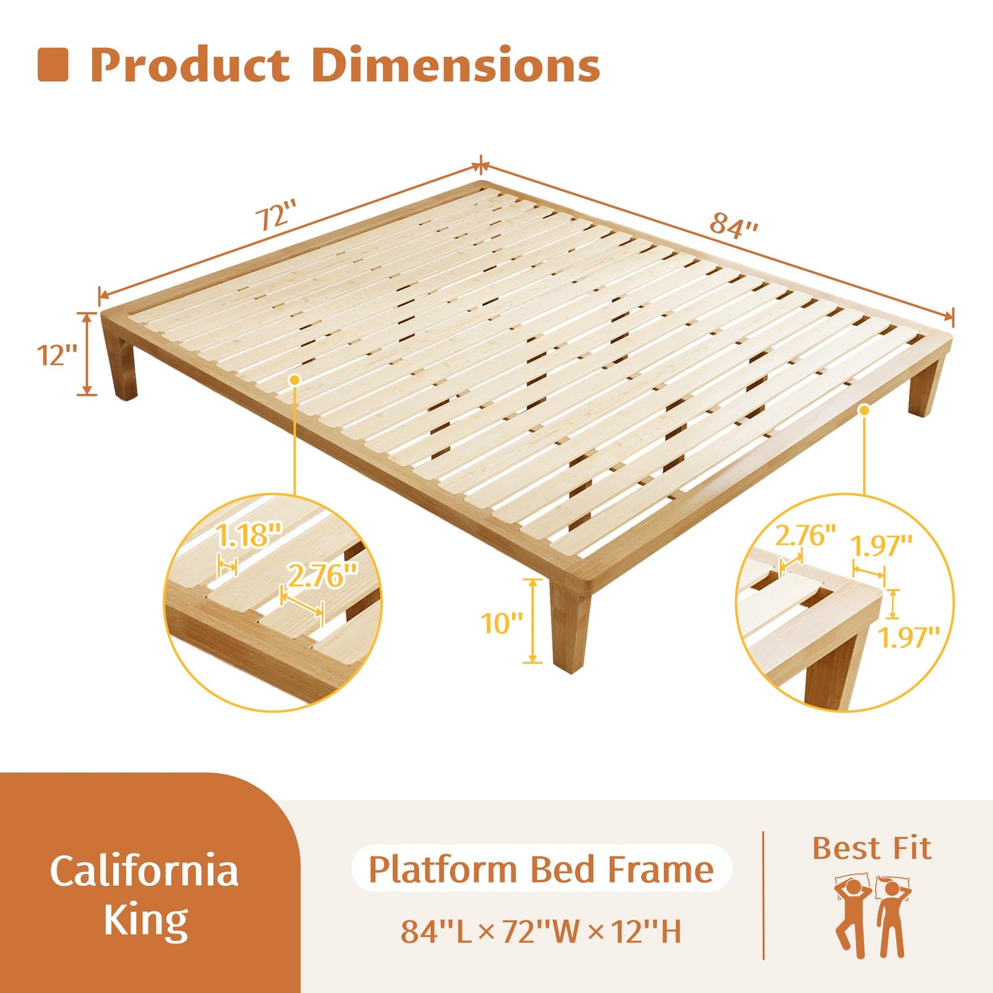 IOTXY California-King Platform Bed Frame - 12 Inch Solid Wood Mattress Foundation Base with Heavy-Duty Support Slats & Legs, Rubberwood California King Size Bedframe