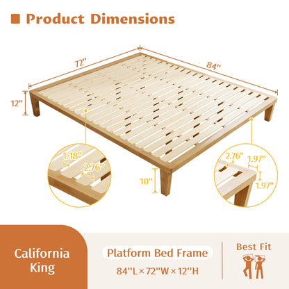 IOTXY California-King Platform Bed Frame - 12 Inch Solid Wood Mattress Foundation Base with Heavy-Duty Support Slats & Legs, Rubberwood California King Size Bedframe
