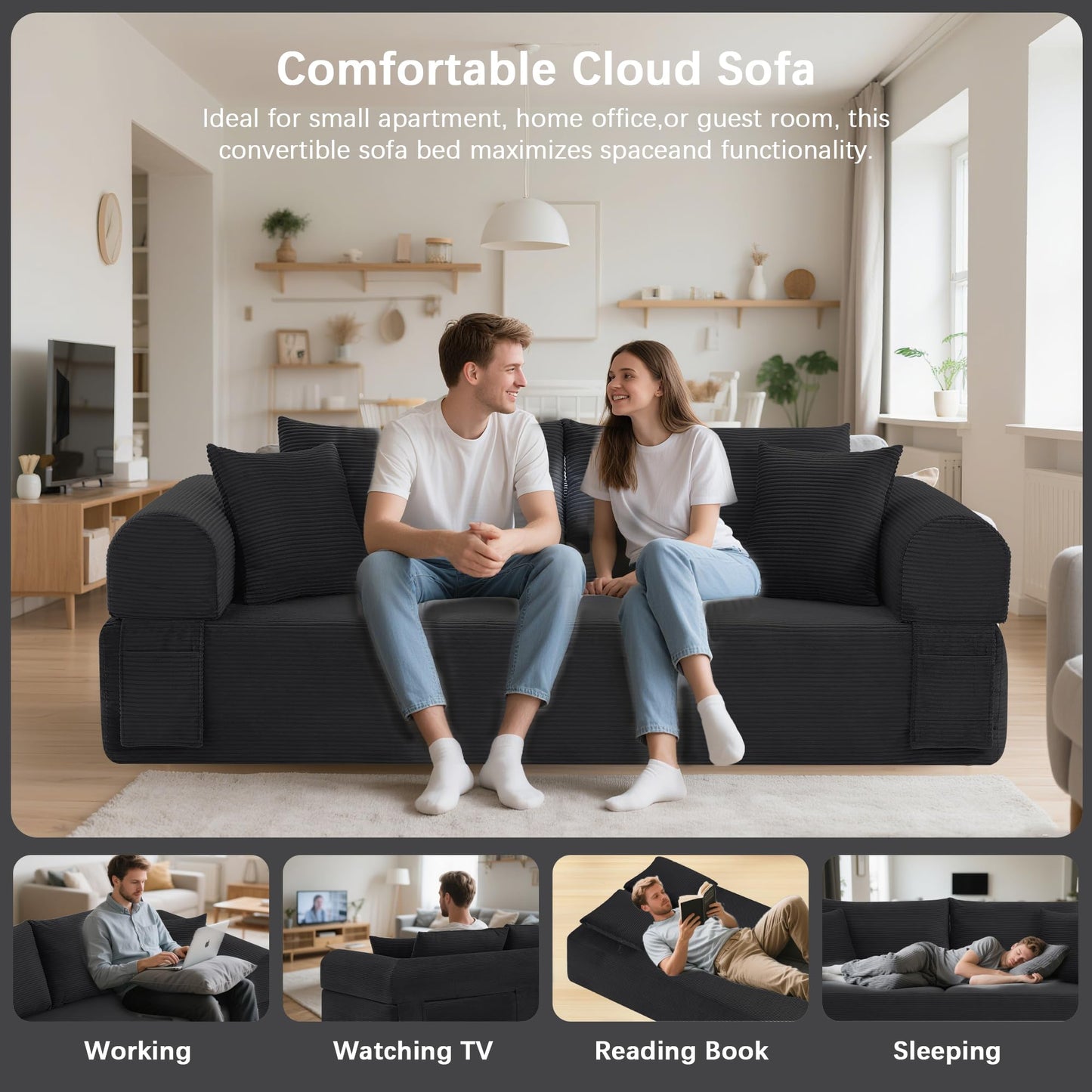 83" Modern Sofa in a Box, No Assembly Oversized 3 Seater 28" Deep Seat Cloud Sofa Bed Couch with 4 Furry Pillows & Corduroy Fabric, Boneless Couch with Side Storage Pockets for Living Room, Black