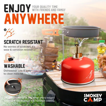 18 Pcs Smokey Camp Backpacking Cooking Set with Stove & Adapter - Pot, Pan, Kettle, Stove, Cutlery, Compact Camping Cookware Mess Kit, All in One Non-Stick Camping Cooking Set, Hiking, Picnic