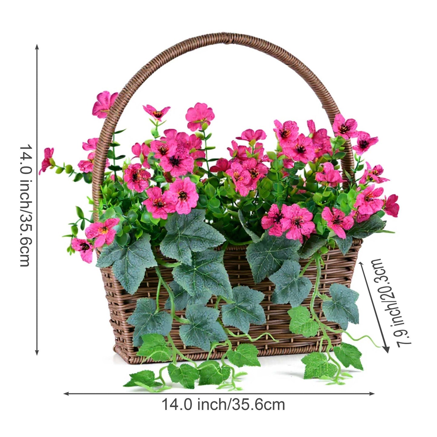 CZWBE 14" H Artificial Plumeria Grape Leaf Flower Basket,50 Silk Floral Arrangements Artificial for Living Room,Office,Wedding & Porch Decor（Magenta）