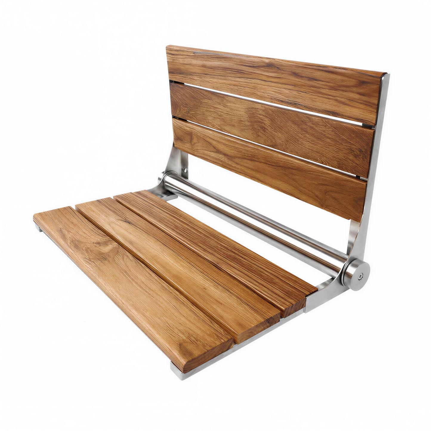 Teak Shower Seat Bench with Back - Wall Mounted Fold Up Shower Seat, Waterproof Folding Teak Bath Chair for Seniors, 304 Stainless Steel Frame, with 300 lbs Capacity - 18" Length, Polished