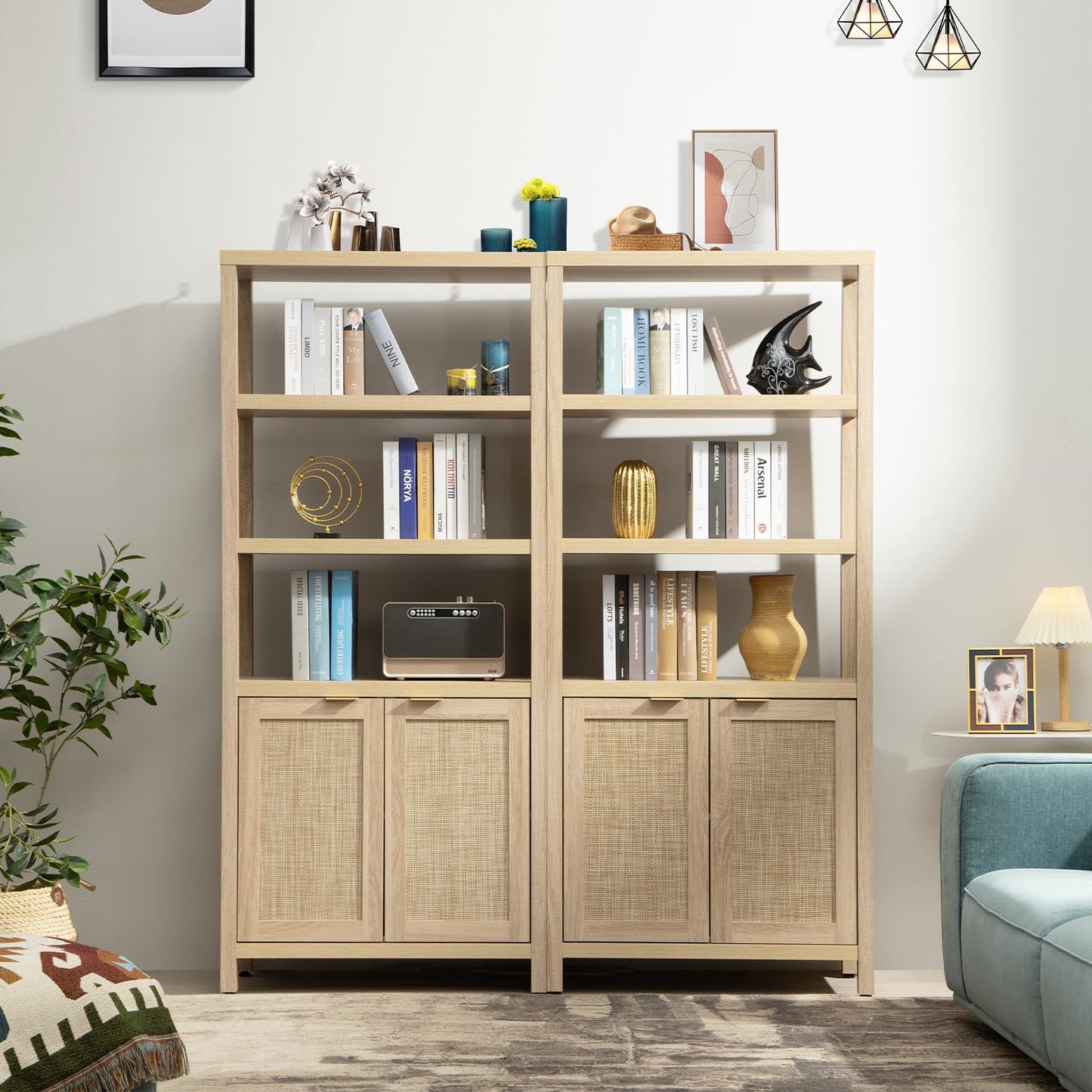 SICOTAS Bookshelf 5 Tier Book Shelf Rattan Boho 71" Tall Bookcase with Doors Storage Shelves Large Bookshelves Farmhouse Bookcases Library Book Case for Living Room Bedroom Home Office Kitchen