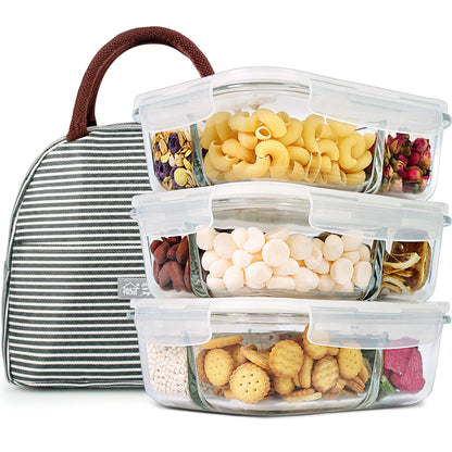DAS TRUST 3 Pack Bento Box Glass Meal Prep Containers - 3 Compartment Glass Food Storage Containers with Lids - Lunch Box Meal Prep Bowls - Oven Safe