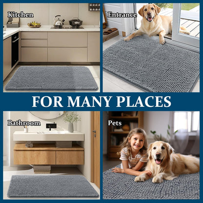 OLANLY Dog Door Mat - Absorbent Non-Slip Chenille Mat for Muddy Paws | 34x21 Inches, Quick Dry, Grey